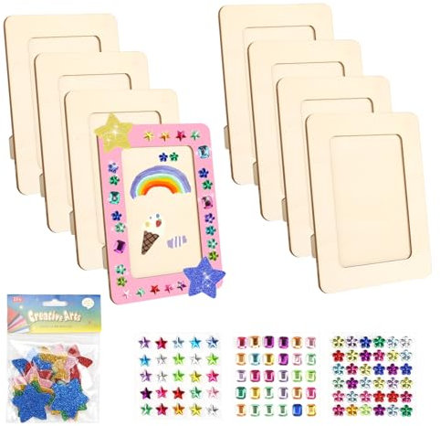 8PCS Wooden Craft Frame Set With Glitter Stickers & Stones, DIY Paint Decorate