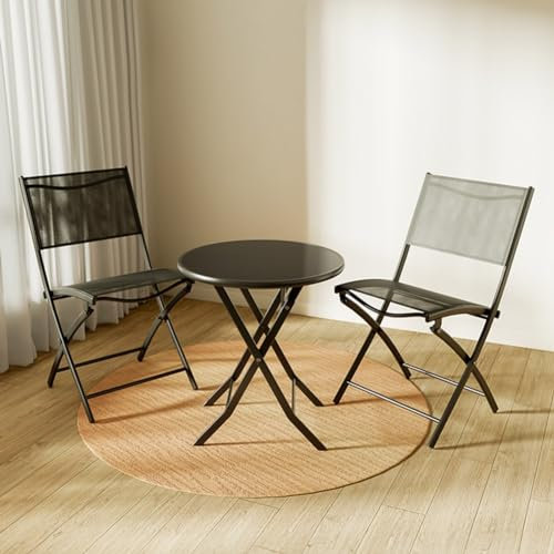 CAFIEDR Stilvolles klappbares Bistrotisch-Set mit 2 Klappstühlen, Gartenmöbel-Set, geflochten, Terrassen-Bistro-Set, wetterbeständig, schwarz