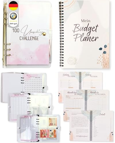 BeginnerBudget® Budget PLanner Deutsch Haushaltsbuch (144 Seiten) + 100 Umschläge Envelope Spar-Challenge für Bargeld – A5 Clear Binder + Planer zum Geld Sparen Sparbuch Organizer (Gold)