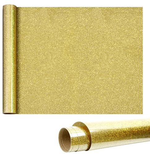 Jesustree Transfert de Chaleur en Vinyle, Glitter Papier Transfert Rouleau de Vinyle Thermocollant Pailleté Film Holographique DIY pour Vêtements T-Shirt Textile Logos,100cmx30cm (Or)
