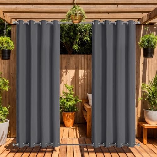 LiveGo Outdoor Curtains Waterproof with Grommet (Top and Bottom), 2 Panels Privacy & UV Protection Windproof Curtain for Porch, Pergola, Garden, Backyard (Dark gray, 140 * 275cm)