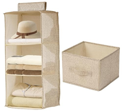 FALSKT Hanging Storage with 3 Shelves and Removable Drawer Fabric Hanging Shelves Foldable Hanging Wardrobe Organiser Wardrobe Storage Organiser for Closet Storage Clothes (Beige)