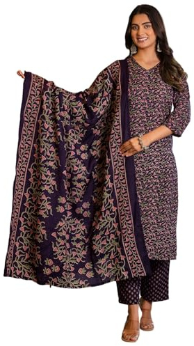 Sanisa Women's Cotton Floral Printed Straight Kurta with Pant and Dupatta Set, Dark Purple & Dusty Pink & Green, M