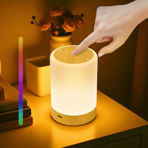 Dimmable Night Light, Rechargeable Baby Touch Bedside Lamps, RGB Colour Changing LED Bedside Lamp, 5 Brightness Adjustments, Led Touch Night Light for Bedroom, Living Room, Camping