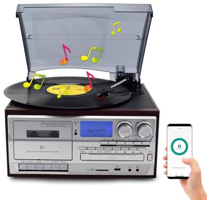 PPLDABNK Giradischi in Vinile a 3 velocità Regolabili con Bluetooth, CD, Cassette, Radio FM/AM, Riproduzione USB/SD, Ingresso AUX, Uscita Cuffie e Audio, fonografo Vintage,Brown
