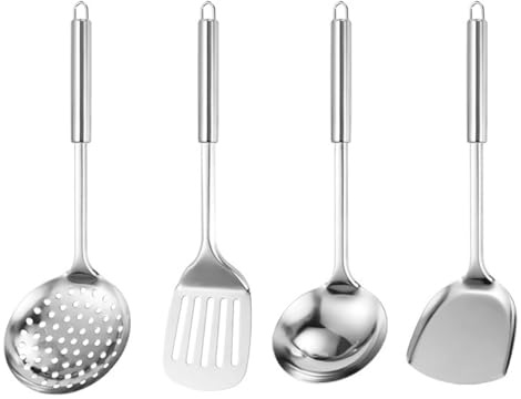 Aurafly 4 Piezas Juego de Utensilios de Cocina, Utensilios de Cocina de Acero Inoxidable, Incluye Espátulas, Volteador Ranurado, Espumadera, Cucharones