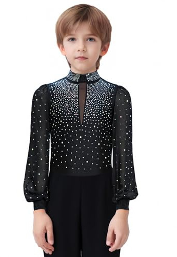 FEESHOW Boys Rhinestones Figure Skating Gymnastics Leotard Latin Ballroom Dance Bodysuit Shiny One Pieces Romper Shirts Black 8