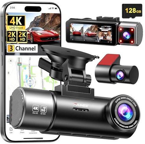 4K+2K+2K 3 Channel Dash Cam Front and Rear, 128GB Card Included, Dash Camera for Cars 5.8G/2.4G Dual Wifi, Built-in GPS, Night Vision, WDR, 170°Wide Angle, G-Sensor Emergency Lock, 24H Parking Monitor