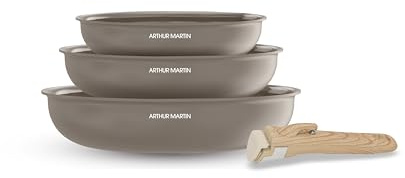 Arthur Martin - Set de 3 Poêles en Aluminium 2,5 mm, Revêtement Céramique et Poignée Effet Bois, Compatibles Tous Feux Dont Induction, 20-24-28 cm, Marron