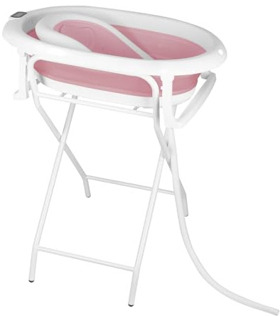 Bañera infantil plegable XXL con soporte, asiento y sistema de drenaje, termómetro, 0-3 años, 2 en 1 bañera de bebé sobre pie, poco abundante (rosa con soporte, 81 x 47 x 90 cm)