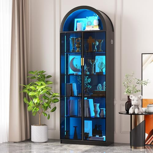FREDEES Arch Display Cabinet with Doors and Adjustable Shelves, 195CM Tall Curio Cabinet with LED Lights/Storage Space, 6 Tier Display Case Bookcase for Collectibles Bedroom Living Room Office, Black