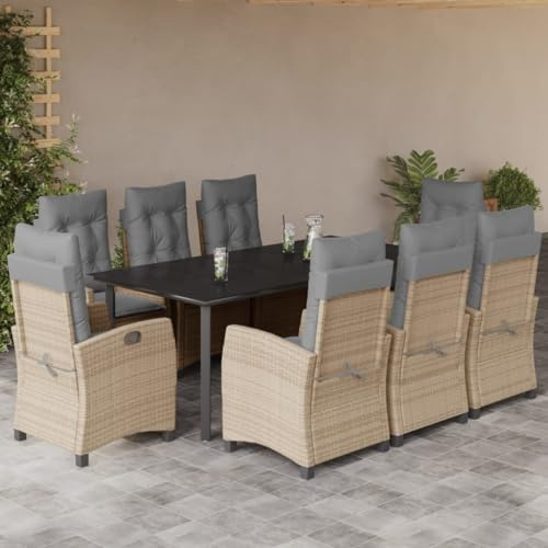 JHQHSM 9-TLG. Gruppo da giardino con cuscino misto polyrattan, seduta in rattan sintetico con schienale regolabile e piano in vetro per terrazza, mobili da esterno durevoli