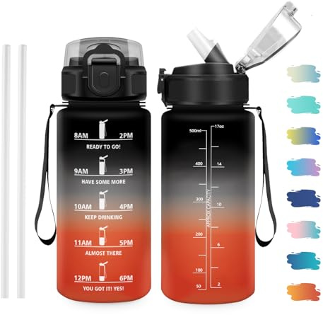 JAPORIA Sportflaska 500 ml, läckagesäker, BPA-fri, drickflaska med sugrör, motiverande vattenflaska för fitness, skola, cykel, yoga, camping