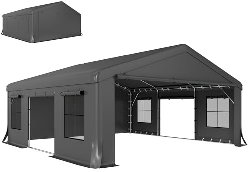 Outsunny 20' x 20' Heavy Duty Carport, Portable Garage Car Canopy Tent with Reinforced Galvanized Frame, 3 Roll-up Doors, 4 Mesh Windows for Cars, Trucks, Boats, Motorcycle, Bike, Dark Gray