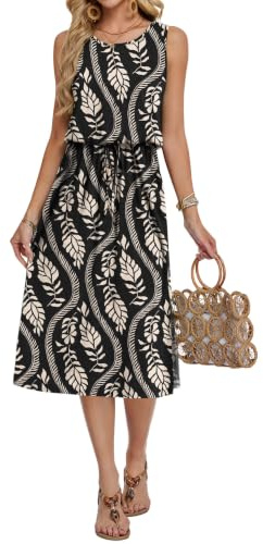 AUSELILY Robe d'été Mi Longue Femme sans Manches Robe Fluide Casual Légère avec Fente Devant et Poches Chic Élégant pour Été