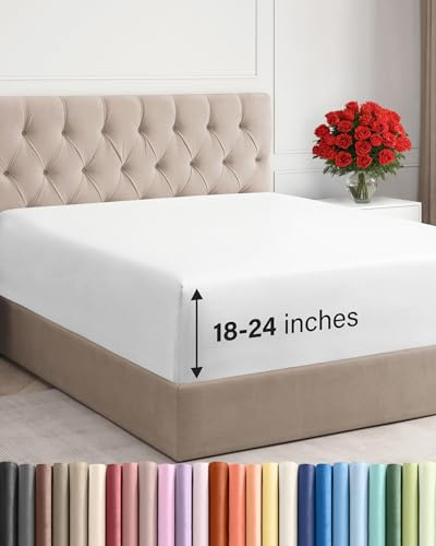 Extra Deep King Fitted Sheet - Hotel Luxury Single Fitted Sheet Only - Easily Fits 18 inch to 24 inch Mattress - Ultra Soft, Wrinkle Free w/Extra Deep Pockets - Easy-Care, Breathable & Comfy - White