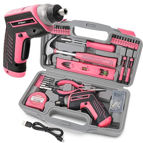 Hi-Spec 35pc Pink Compact Home Womans Tool Kit Set with 3.6V USB Electric Power Cordless Screwdriver. Starter Basic Ladies Tools for Household DIY Repairs in a Small Toolbox