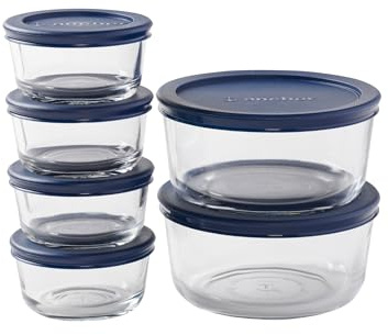Anchor Hocking 12 Piece Glass Storage Containers with Lids (6 Glass Food Storage Containers & 6 Navy Blue SnugFit Lids)