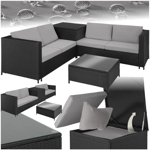 tectake Polyrattan Sitzgruppe für 4 Personen, Balkon Garnitur mit Sitzkissen, Aufbewahrungsbox draußen sowie Outdoor Couchtisch mit Glasplatte, Balkonmöbel Rattan - schwarz/grau