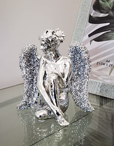 DEENZ Sitting Angel With Wide Wings Crushed Ornament Silver Sparkle Diamond For Gift Beautiful Decorative