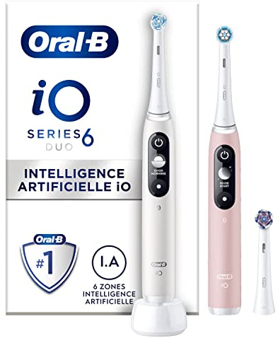 Oral-B iO 6 Pack De 2 Cepillos de Dientes Eléctricos con Mango Recargable, 3 Cabezales, 5 Modos De Cepillado, Diseñado por Braun, Regalos Originales para Mujer y Hombre - Blanco y Rosa