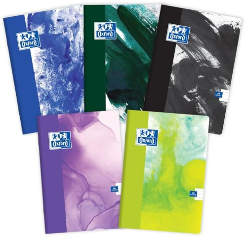 Oxford A5 Anteckningsbok 60 linjerade blad med sidokant, optiskt papper 90 g, mjukt laminerat kuvert, anteckningsblock set för kontor och skola, 5-pack, färgblandning