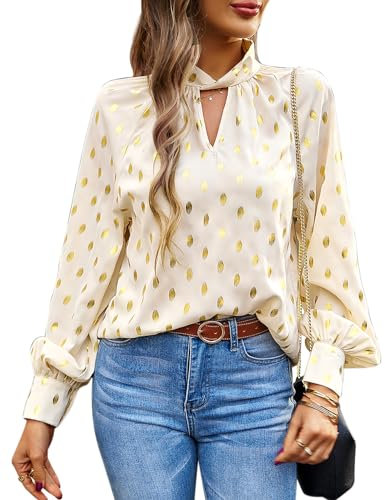 BAISHENGGT Mobius's Sternenhimmel Blusen Tuniken Damen Elegant Chiffon Stehkragen Puffärmel Gold Hot Stamping Dating Party Bluse Oberteile Aprikose S