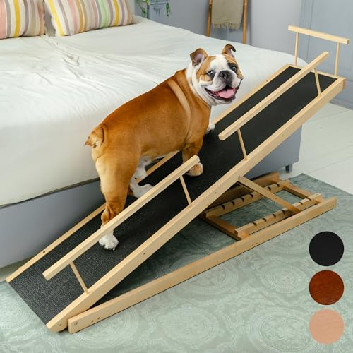 Rampa per Cani Letto con Sponde di Sicurezza - PRIORPET Scalette per Cani Letto - Legno di Betulla - Per Letti Alti Fino a 94.5 cm - Pieghevole - Antiscivolo - Per Cani Taglia Fino a 23kg - Naturale