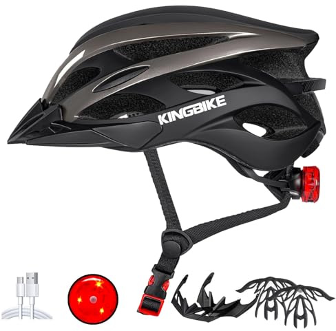 KINGBIKE Bike Helmet for Adult Men Women Youth Road Commute Mountain Cycling Helmets with USB Rechargeable Tail Light Replaceable Inner Pads and Visors Lightweight (BlackTitanium,L/XL(22.4-23.6in)