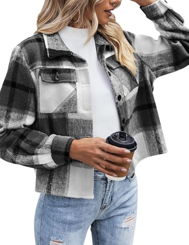 Zeagoo Giacca Autunnale Per Donna Camicia Da Boscaiolo A Quadri Giacca Corta A Quadri Flanella Invernale Shacket Cappotto Nero XL