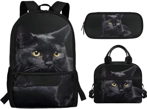 Showudesigns Black Cat Backpack With Lunch Box Kids School Bag for Girls Ages 5-6 7-8 9-10 Primary School Bookbag Insulated Lunchbox Pencil Case Set 3 In 1 Teen Schoolbag Rucksack