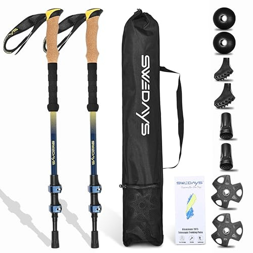 SWEDAYS Bastoncini da trekking telescopico Bastoni Nordic Walking in alluminio 7075 con manico in sughero, leggero, facile da regolare 105-135 cm per per Donna e Uomo (Blu oceano)