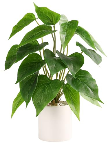 Floweroyal Fake Plant in Ceramic Pot Faux Potted Plants for Indoors Green Leaf Plant with White Planter for Desk Office Shelf Bathroom Bedroom Decor（Pothos）