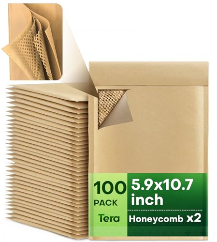 Tera Honeycomb Padded Mailers Envelopes: 5.9 x 10.7 inch 100 pcs 4-Layer Protection Self Seal Biodegradable Recyclable Kraft Paper for Jewelry Makeup Small Business Shipping Bags