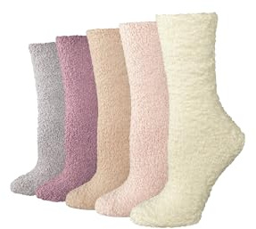 Amazon Essentials Women's Cozy Fuzzy Slipper Socks, Plush Sleep Socks, 5 Pairs, Pink Multicolor, 5-11