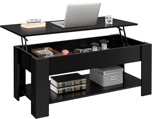 Yaheetech Couchtisch Höhenverstellbarer Kaffeetisch mit verstecktem Stauraum und Platte Sofatisch Wohnzimmertisch aus Holz Beistelltisch für Wohnzimmer/Büro, Schwarz