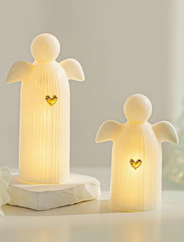 Weihnachtsengel Engel Figur Deko Geschenke: Romadedi 2er Set LED Keramik Schutzengel Figuren für Weihnachtsdeko Innen Adventskranz Trauergeschenk Guardian Angel Glücksbringer Tischdeko Weihnachten