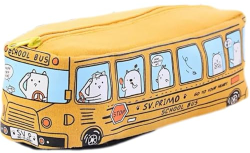 x trade Cartoon Bus Shaped Pencil Case Canvas Pen Pouches Pencil Bag Zippered Big Capacity Pen Case Stationeries Organiser for Kid and Student (Yellow Bus)
