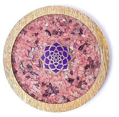 XdeliX Sottobicchiere Chakra, 10 cm, loto, legno di mango e resina, con quarzo rosa e ametista, sottobicchiere in vetro per tazze e bicchieri, decorazione spirituale per yoga e meditazione, sfumatura