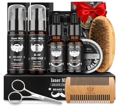 Beard Kit for Men Grooming & Care: with 2 Pack Beard Oils and Balm - Wash & Conditioner for After Shave Lotions Sandalwood, Brush and Comb Sets with Scissors, Valentines Fathers Gifts for Dad/Men/Him