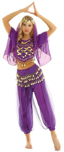 Freebily Vestito Danza del Ventre Donna Schiena Scoperta Danza Orientale Completo Costume Carnevale Donna Principessa Araba Belly Dance Cosplay Halloween Viola Taglia Unica