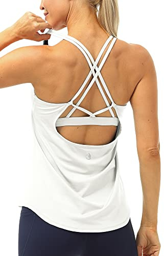 icyzone Damer sport yoga linne, topp med integrerad bh - 2 i 1 sporttoppar, fitness, gym, skjortor, Vit, XL