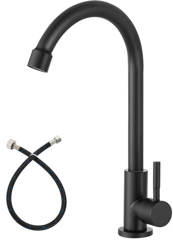 Heyalan Matte Black Cold Water Only Kitchen Faucet SUS304 Sink Faucets High Arc Gooseneck 360 Degree Rotation Spout Basin Tap with Longer Thread Pipe