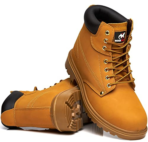 Rock Reptile Botas de seguridad de cuero para hombre con puntera de acero, zapatos ligeros S1P SRC con cordones, miel, 40 2/3 EU