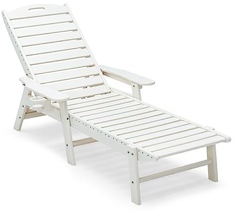 KOMFOTTEU Sonnenliege, Gartenliege mit Armlehnen, Getränkehalter & Verstellbarer Rückenlehne, Gartenliege aus HDPE, Relaxliege für Garden Balkon Terrase, 207 x 86 x 31,5 cm, Weiß
