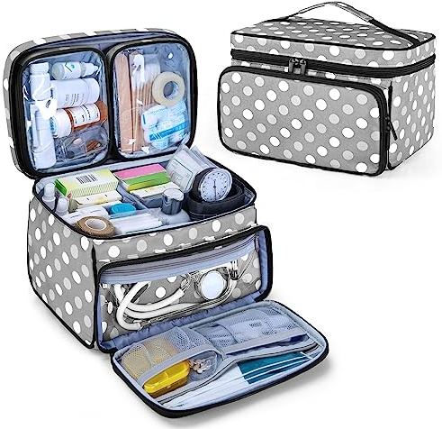 Luxja Borsa per Medicinali con 2 Borse Trasparenti Staccabili, Medica di Emergenza per Uso Domestico o in Viaggio (Solo Borsa), Punti Grigi