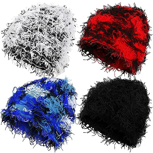 Lewtemi Distressed Knitted Beanie Fuzzy Balaclava Y2k Unisex Outdoor Winter Hat Thick Warm Beanie Cap for Men Women(Black, Lake Blue, Black and White, Red)