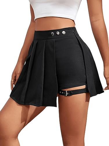GORGLITTER Damen Hosenrock Kurze Hose Culottes Hosen Casual Minirock Asymmetrisch Röcke mit Schnalle Schwarz L