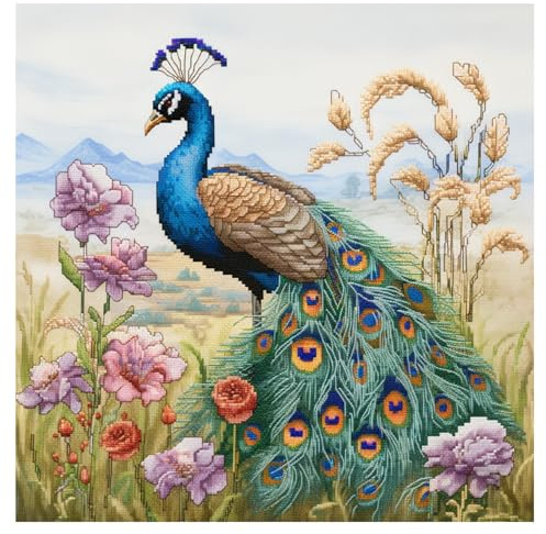 cukol cukol Kit Punto Croce, Schemi Quadri Set Ricamo Punto Croce Kit da Ricamare Principianti Starter Prestampato Stampato Completo Bambini Cross Stitch Embroidery Animali Ricami Pavone 46 x 46 cm