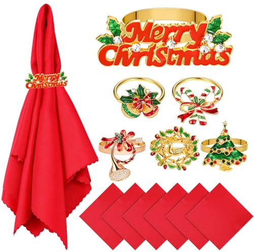 LOYIM 12 Stück Weihnachtliche Tischdekorationen Set 6 Weihnachten Serviettenringe und 6 Rote Stoffservietten Serviettenhalter und Weihnachtsservietten Weihnachtsessen Tischdeko (Gold, Eleganter Stil)